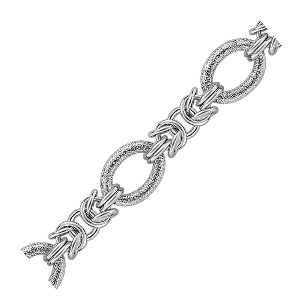 Sterling Silver Knot and Textured Oval Chain Bracelet with Rhodium Plating
