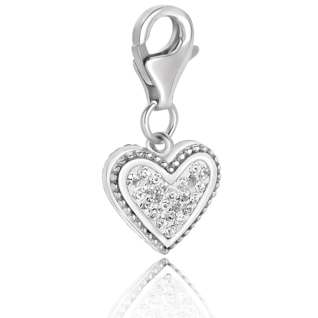 Sterling Silver Heart Charm with White Tone Crystals and Micro Setting Detailing