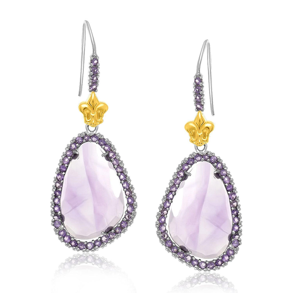 18K Yellow Gold & Sterling Silver Fleur De Lis Style Amethyst Drop Earrings