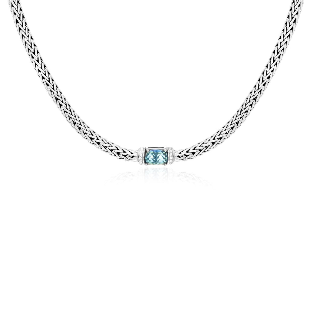 Sterling Silver Woven Chain Necklace with Blue Topaz and White Sapphires