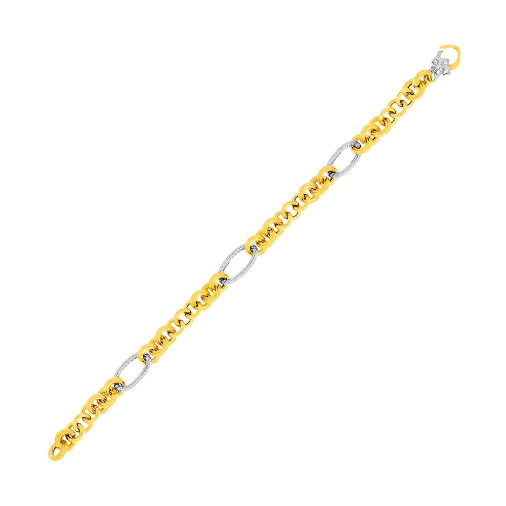 14K Two-Tone Gold Textured Oval and Round Chain Bracelet