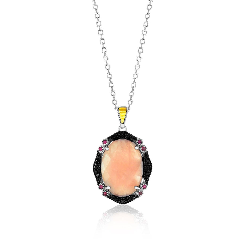 18K Yellow Gold & Sterling Silver Quartz, Rhodolite, and Diamond Oval Pendant