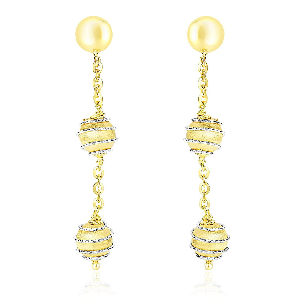 14K Two-Tone Gold Coil Wrapped Ball and Chain Dangling Earrings