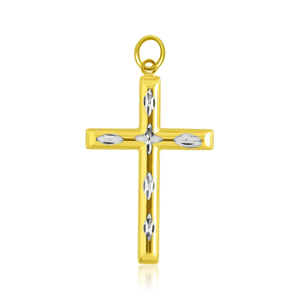 14K Two-Tone Gold Diamond Cut Design Cross Pendant