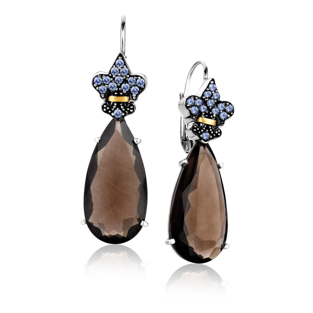 18K Yellow Gold & Sterling Silver Smokey Quartz and Tanzanite Teardrop Earrings