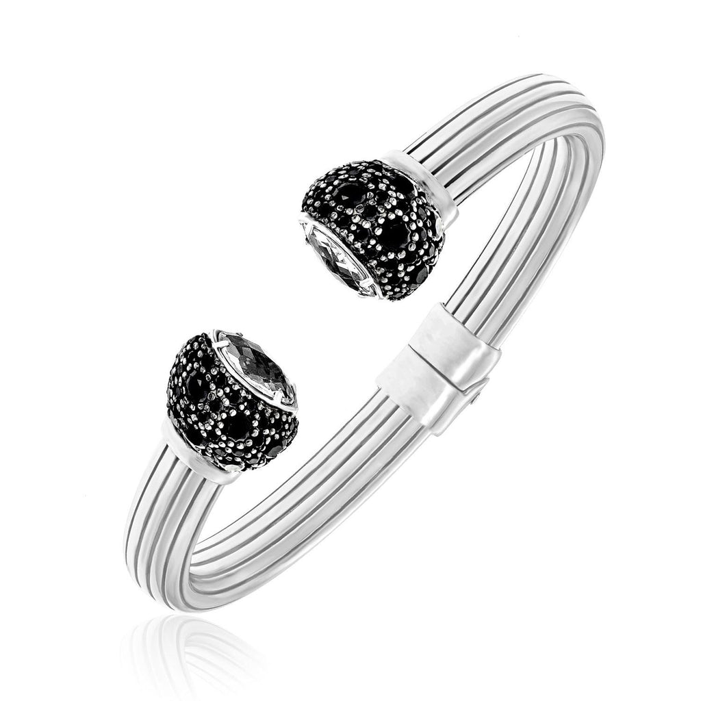 Sterling Silver Open Bangle with Black Spinel & Rock Crystals