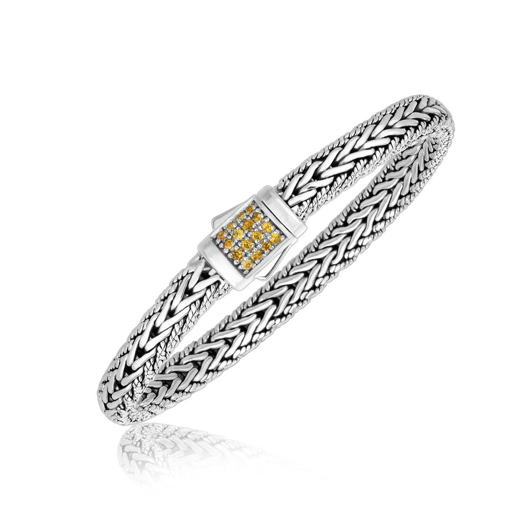 Sterling Silver Braided Motif Men's Bracelet with Yellow Tone Sapphire Accents