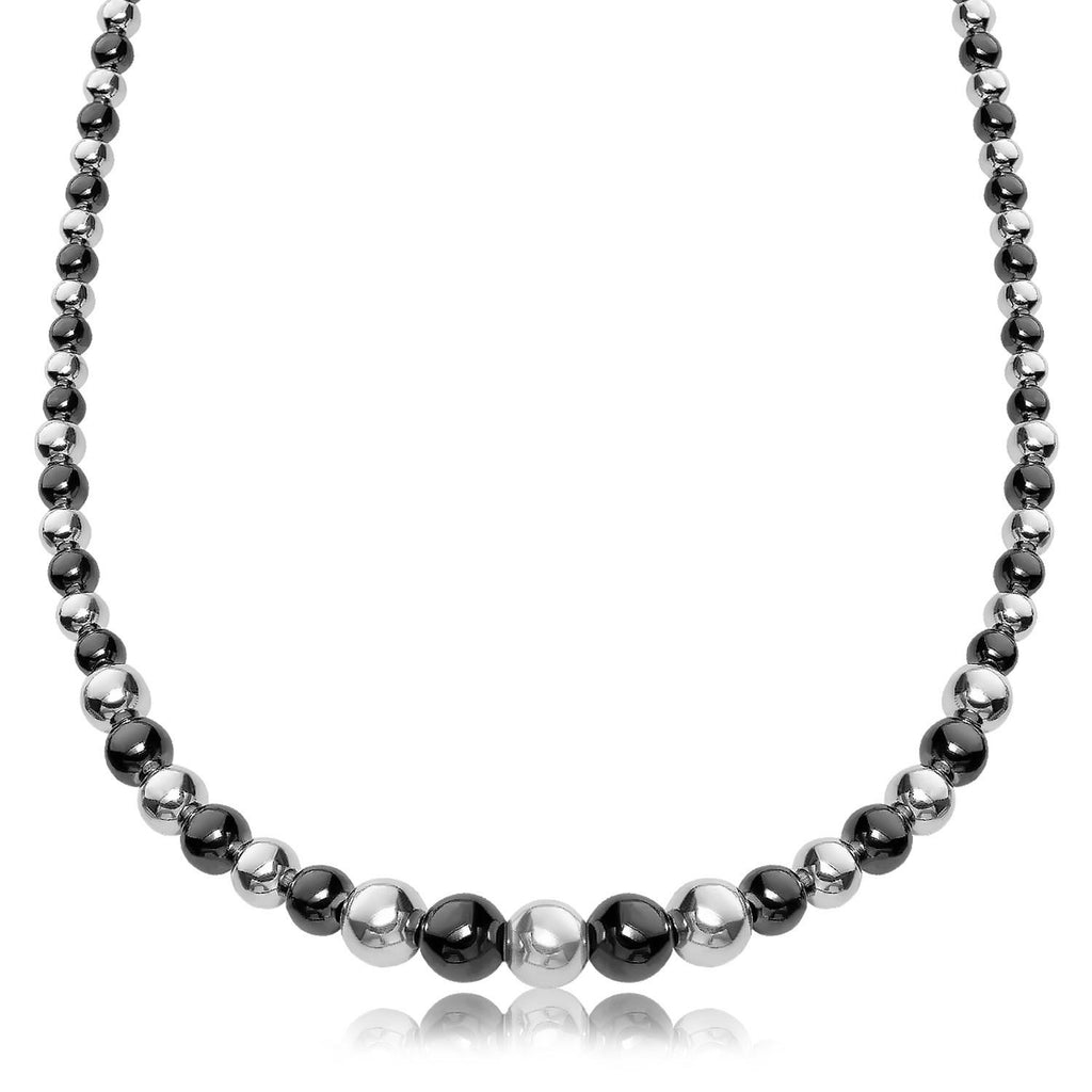 Sterling Silver Rhodium and Ruthenium Plated Graduated Polished Bead Necklace