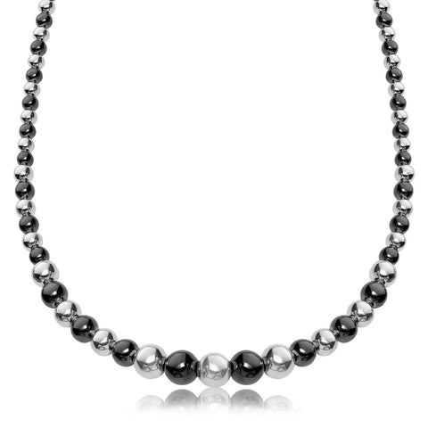 Sterling Silver Rhodium and Ruthenium Plated Graduated Polished Bead Necklace