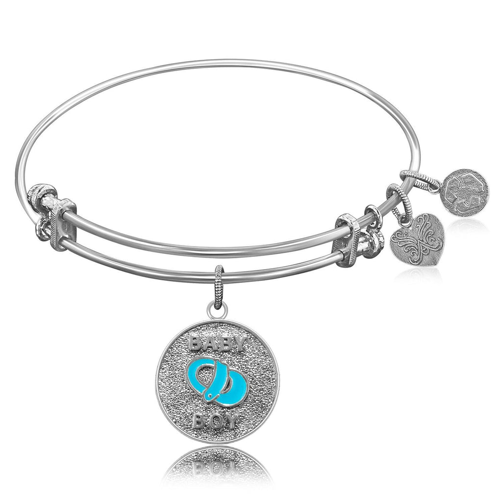 Expandable Bangle in White Tone Brass with Baby Boy Symbol