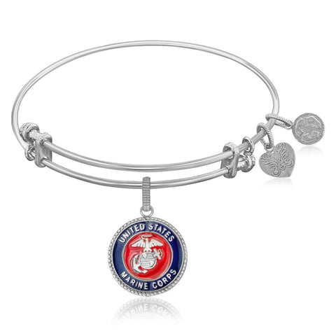 Expandable Bangle in White Tone Brass with U.S. Marine Corps Symbol