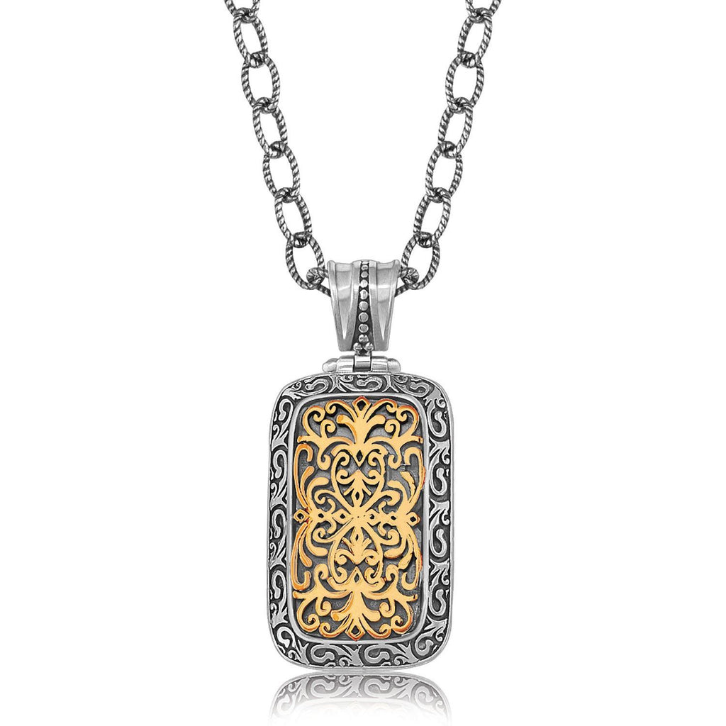 18K Yellow Gold and Sterling Silver Ornate Rounded Rectangle Pendant