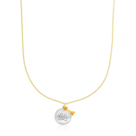 14K Two-Tone Gold Round Pendant with Paw Print and Bow