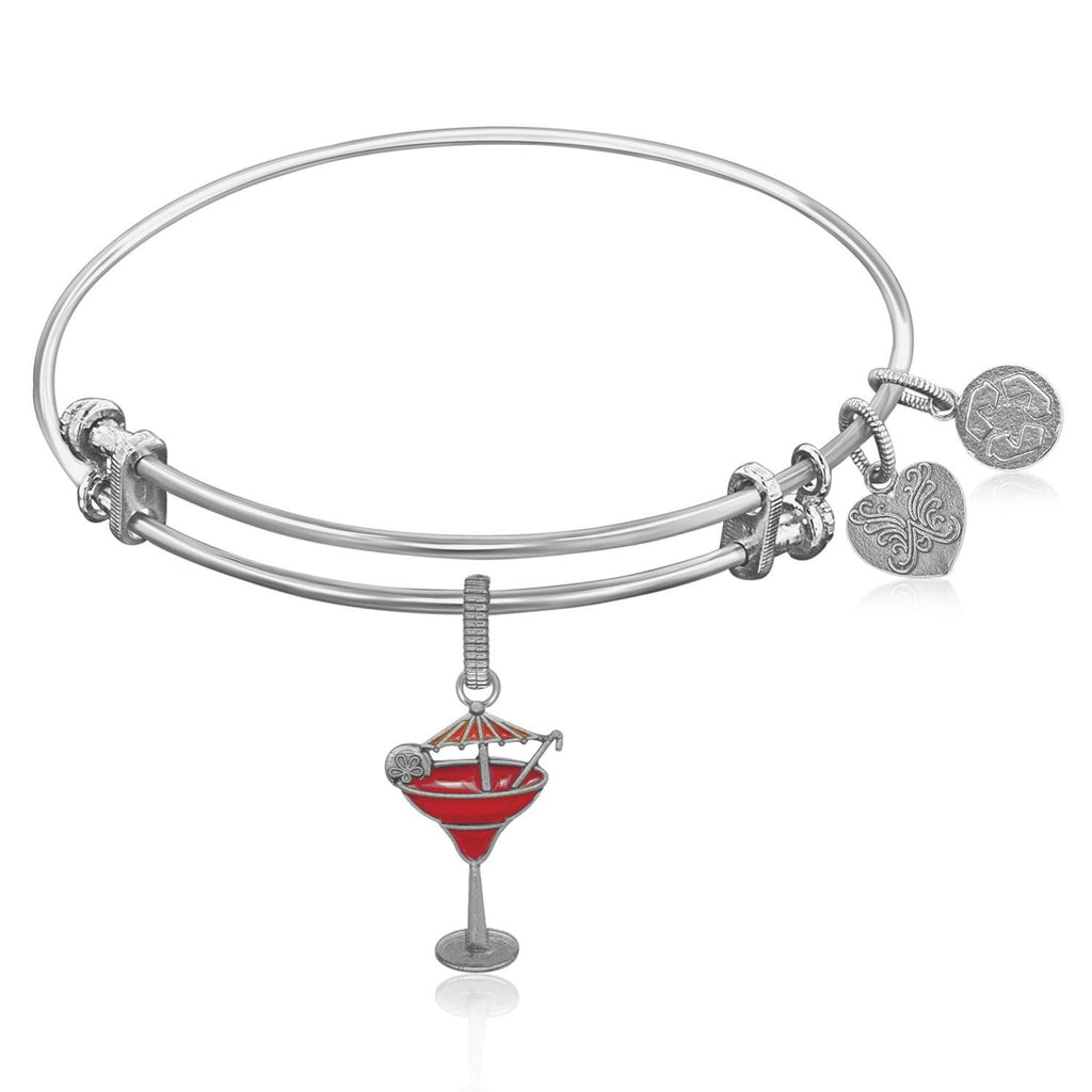 Expandable Bangle in White Tone Brass with Enamel Umbrella Drink Charm Symbol