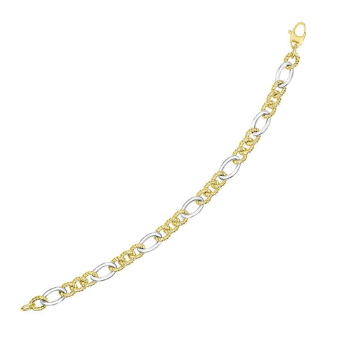 14K Two-Tone Gold Chain Bracelet with Rope Textured and Smooth Links