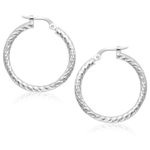 14K White Gold Tube Textured Design Hoop Earrings