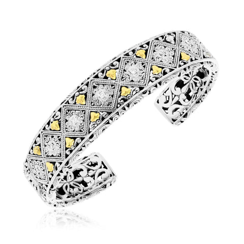 18K Yellow Gold & Sterling Silver Byzantine Diamond Embellished Open Cuff