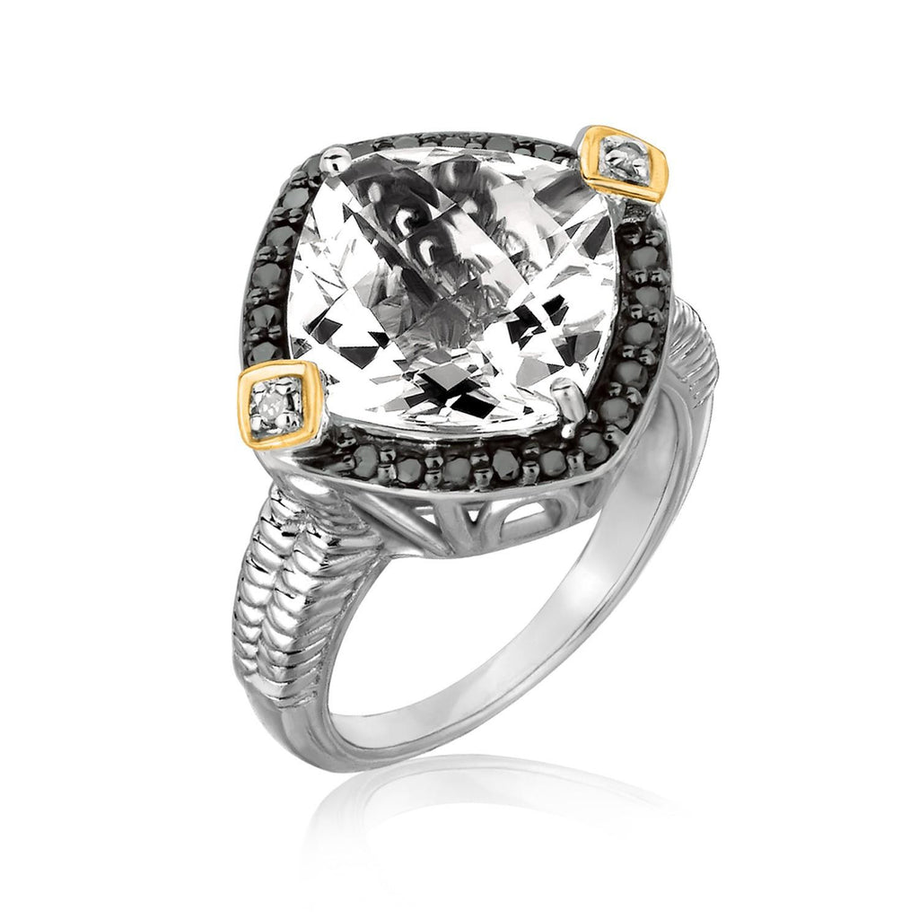 18K Yellow Gold and Sterling Silver Crystal Quartz Diamond Cushion Ring