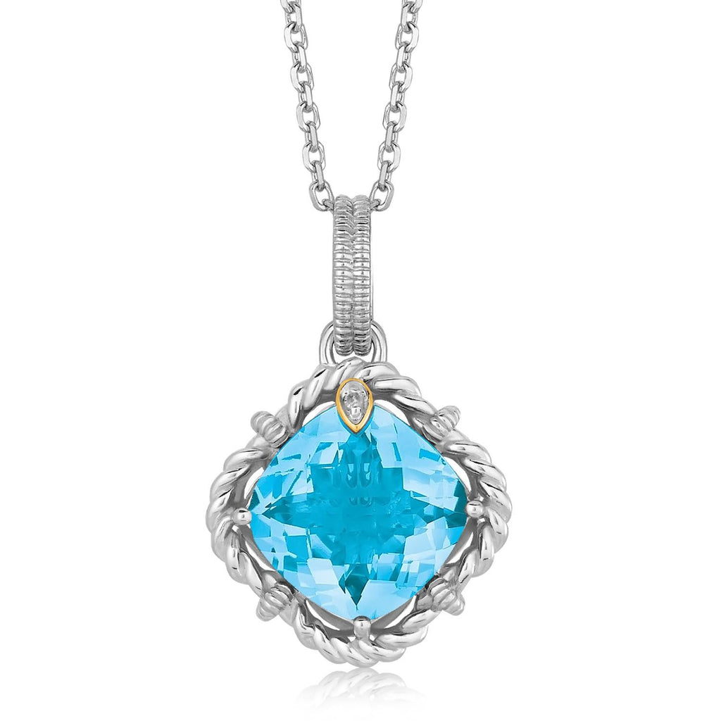 18K Yellow Gold and Sterling Silver Pendant with Cushion Blue Topaz and Diamonds