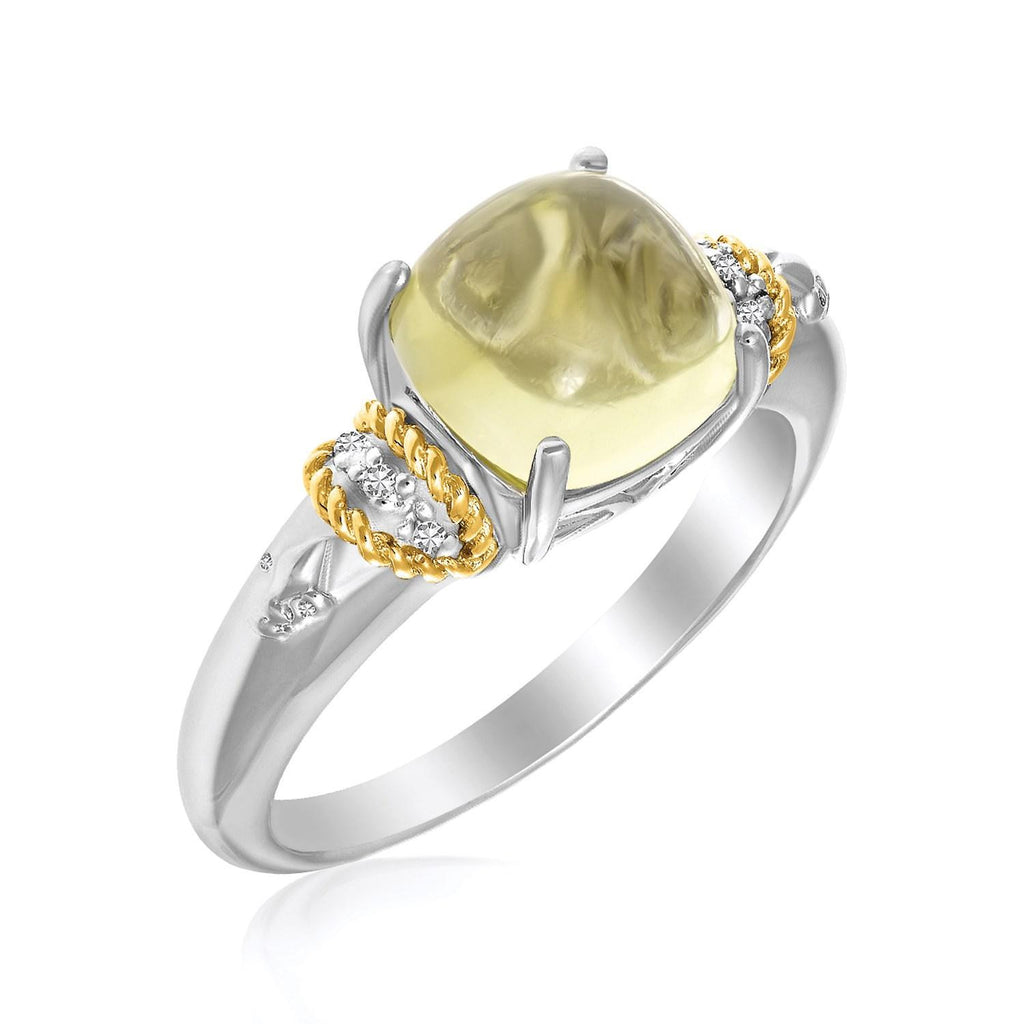 18K Yellow Gold & Sterling Silver Claw Set Square Lemon Quartz and Diamond Ring