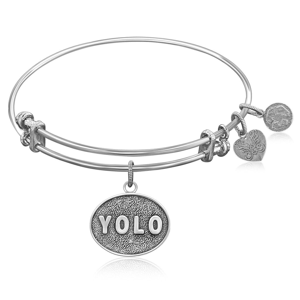 Expandable Bangle in White Tone Brass with YOLO symbol