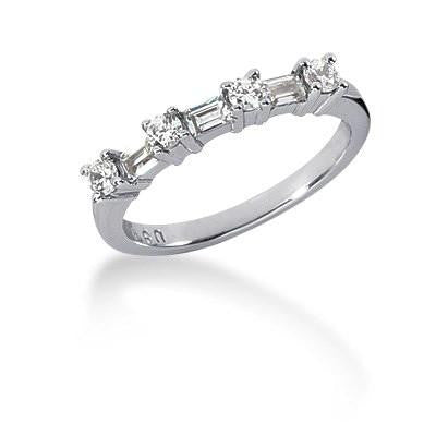 14K White Gold Seven Diamond Wedding Ring Band with Round and Baguette Diamonds