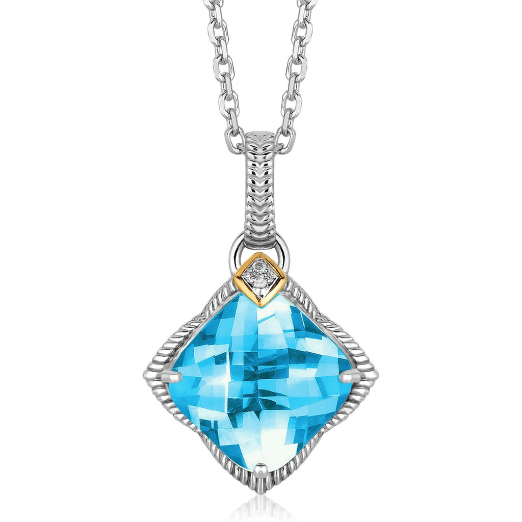 18K Yellow Gold and Sterling Silver  Blue Topaz and Diamond Accented Pendant