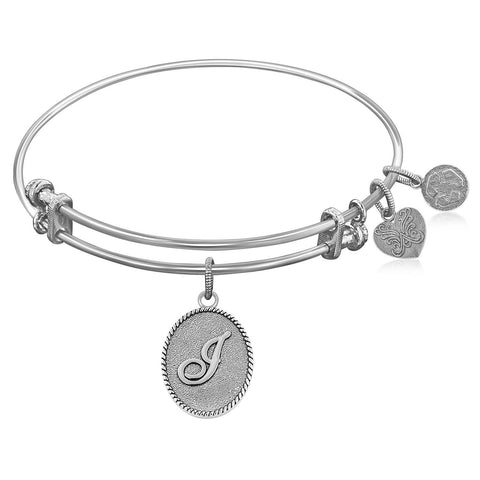 Expandable Bangle in White Tone Brass with Initial J Symbol