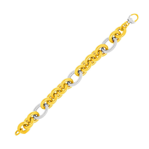 14K Two-Tone Gold Round and Textured Oval Link Bracelet