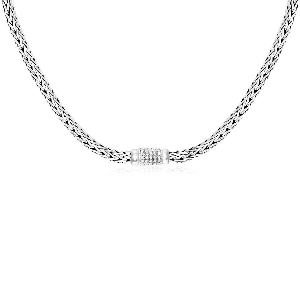 Sterling Silver Woven Necklace with White Sapphire Accents