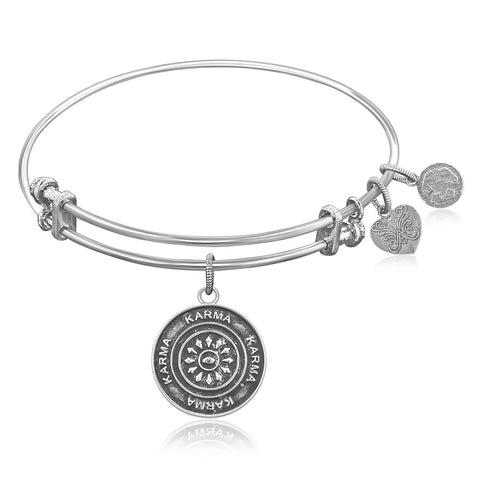 Expandable Bangle in White Tone Brass with Karma Symbol