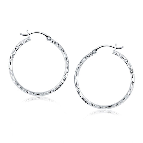 14K White Gold Diamond Cut Hoop Earrings