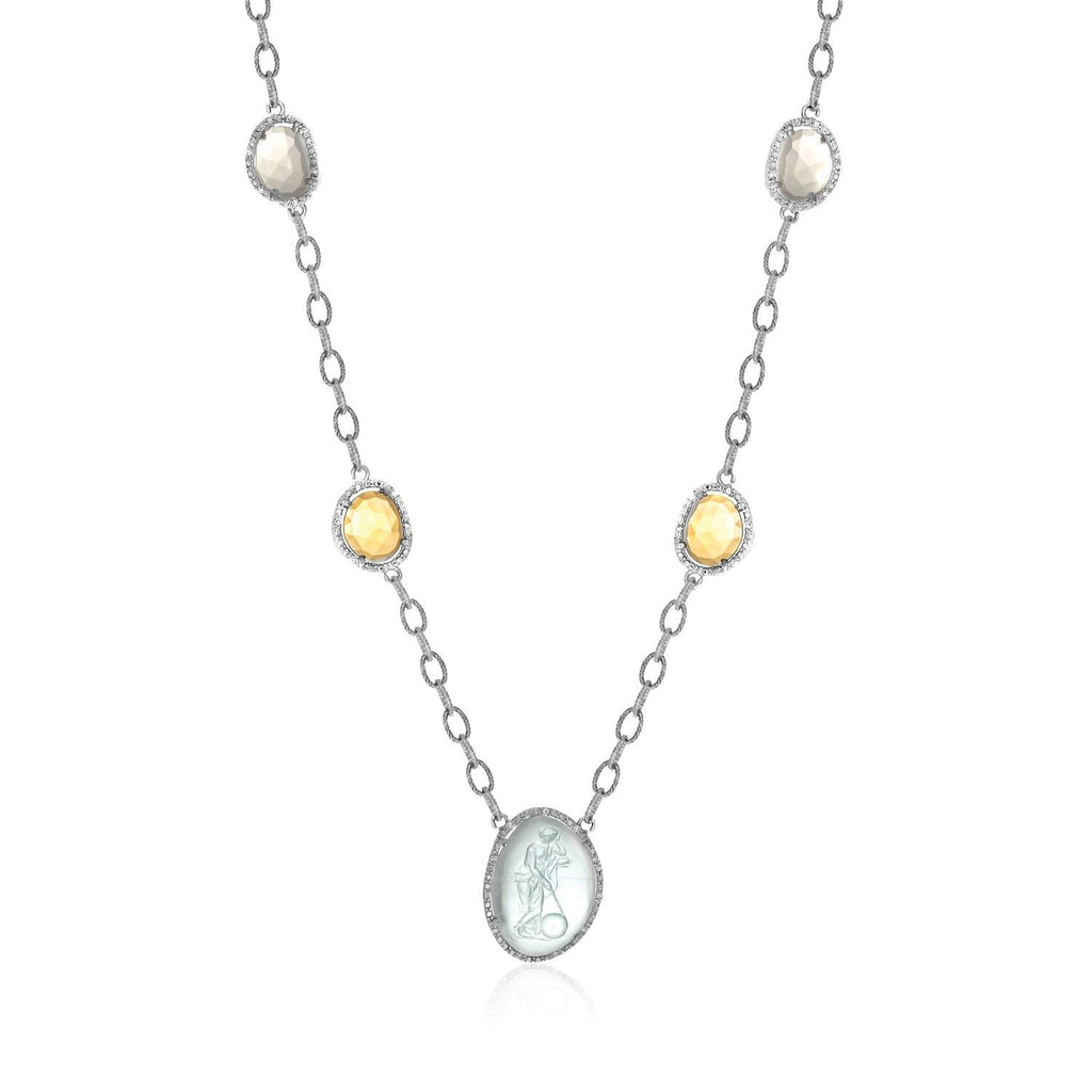 Sterling Silver Diamond Accented Glass Cameo, Quartz, and Citrine Necklace