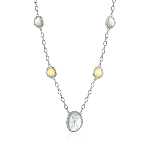 Sterling Silver Diamond Accented Glass Cameo, Quartz, and Citrine Necklace