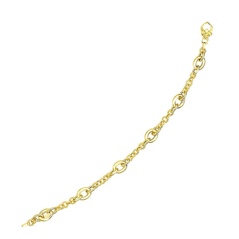 14K Yellow Gold Oval and Round Link Textured Chain Bracelet