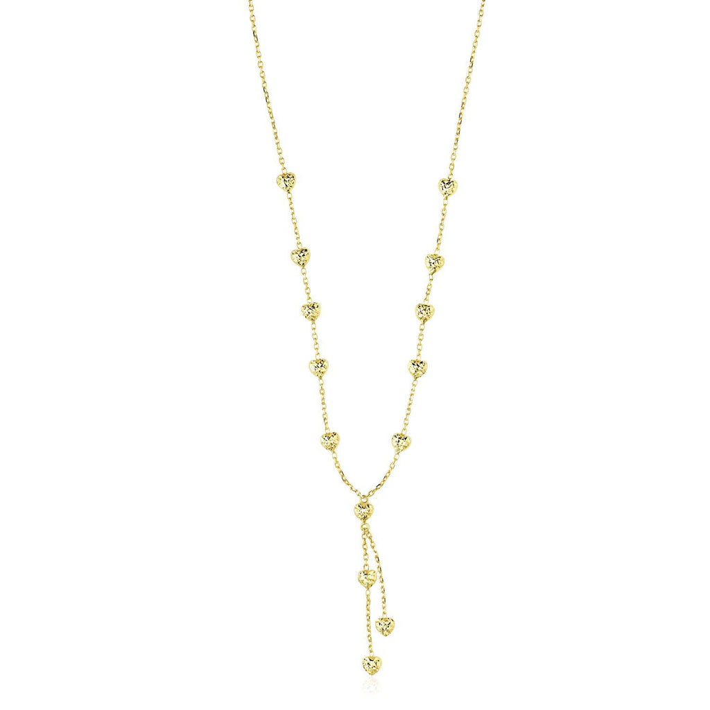 14K Yellow Gold Puffed Heart Station Diamond Cut Lariat Style Necklace