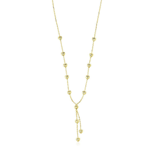 14K Yellow Gold Puffed Heart Station Diamond Cut Lariat Style Necklace