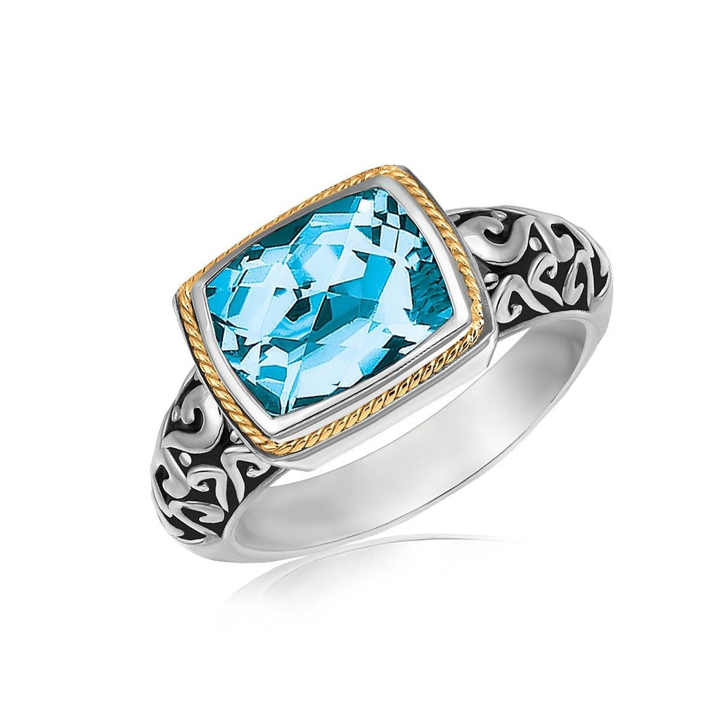 18K Yellow Gold and Sterling Silver Rectangular Blue Topaz Milgrained Ring