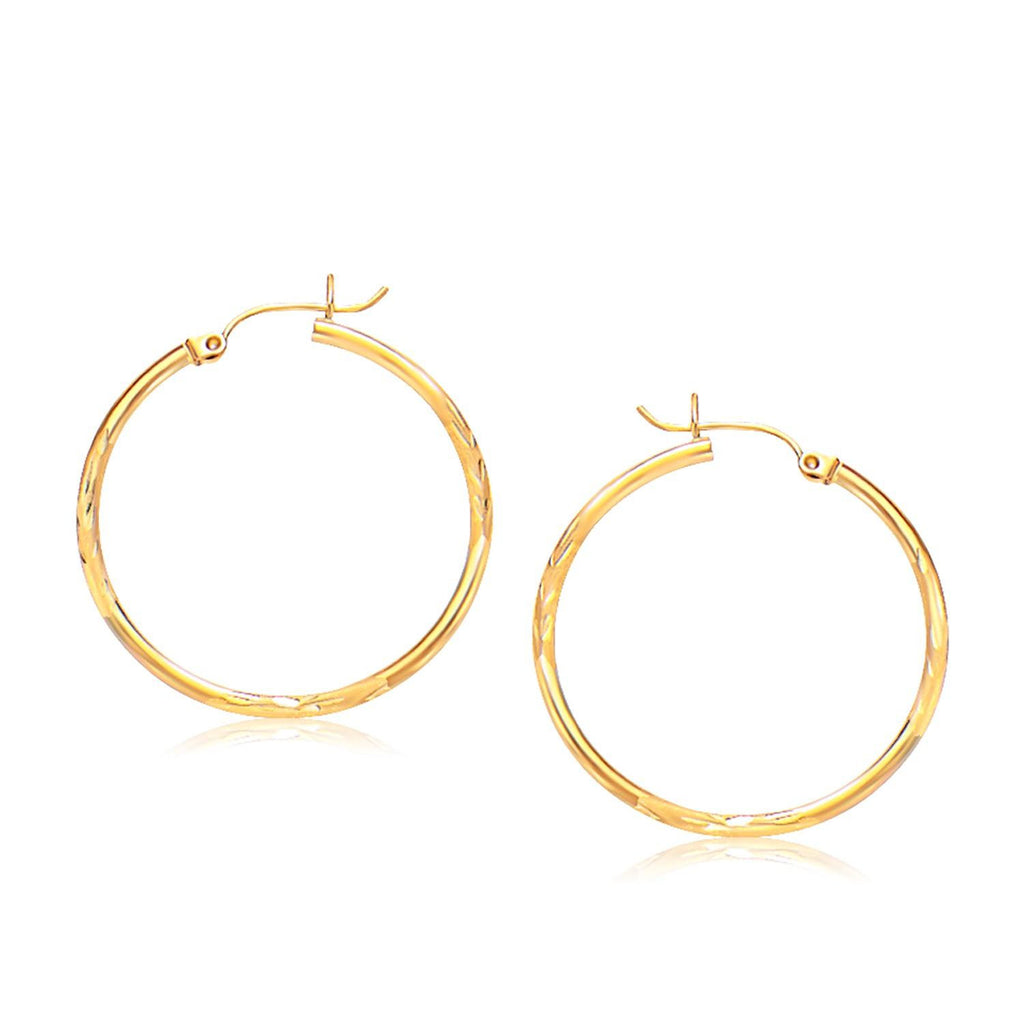 14K Yellow Gold Fancy Diamond Cut Slender Large Hoop Earrings (30mm Diameter)