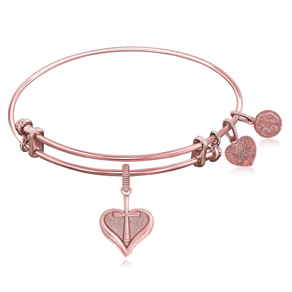 Expandable Bangle in Pink Tone Brass with Heart With Cross Symbol