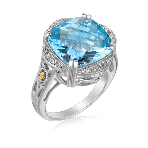 18K Yellow Gold and Sterling Silver Blue Topaz and Diamond Fleur De Lis Ring