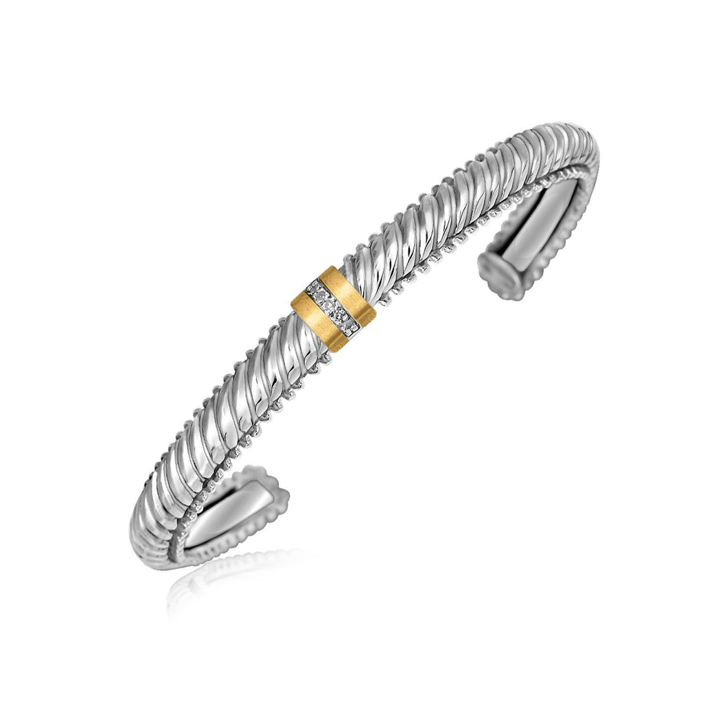 18K Yellow Gold and Sterling Silver Italian Cable Open Bangle with Diamonds