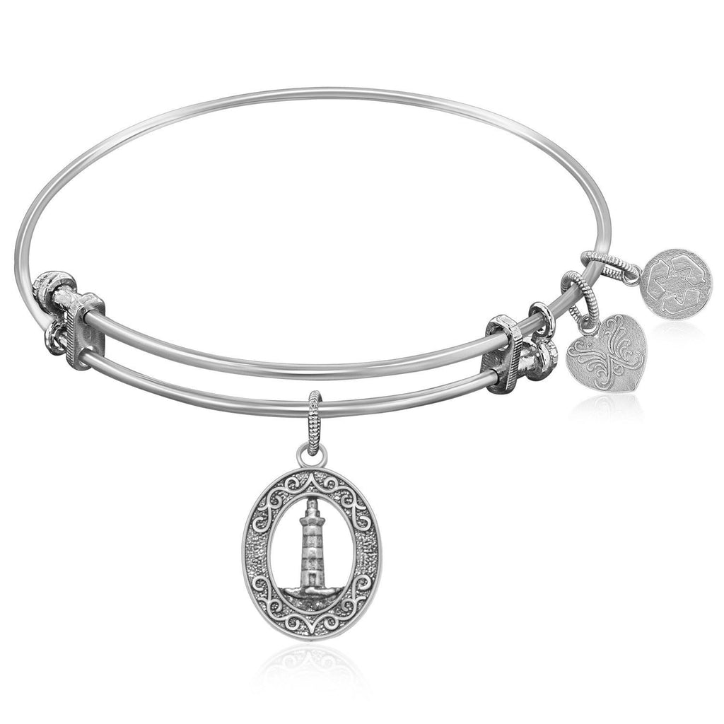 Expandable Bangle in White Tone Brass with Lighthouse Beacon Of Hope Symbol