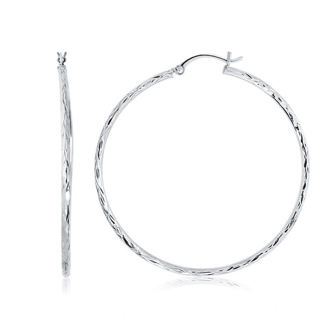 14K White Gold Diamond Cut Hoop Earrings (1 3-4 inch Diameter)