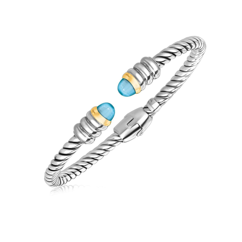 18K Yellow Gold and Sterling Silver Italian Cable Bangle with Blue Topaz