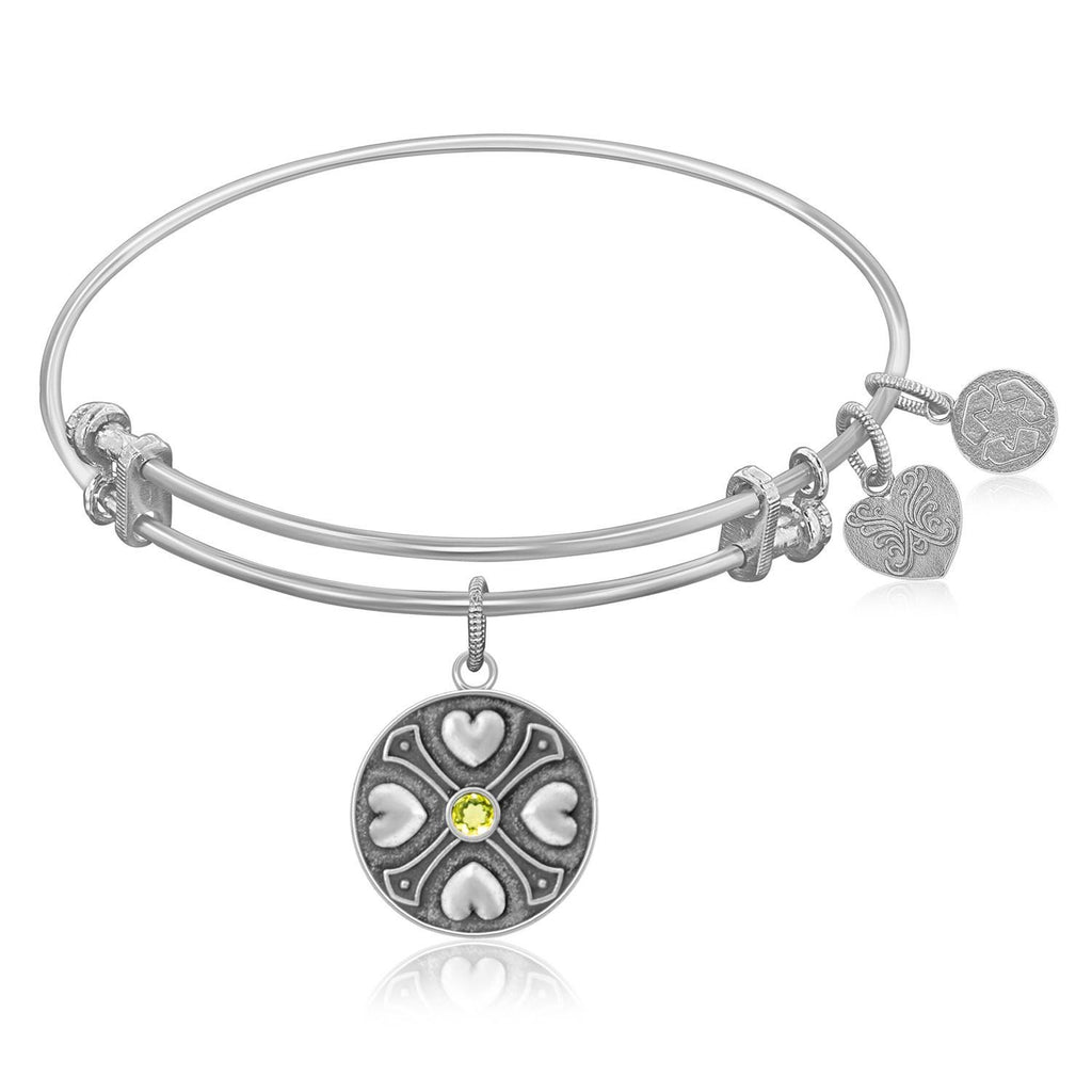 Expandable Bangle in White Tone Brass with Peridot August Symbol