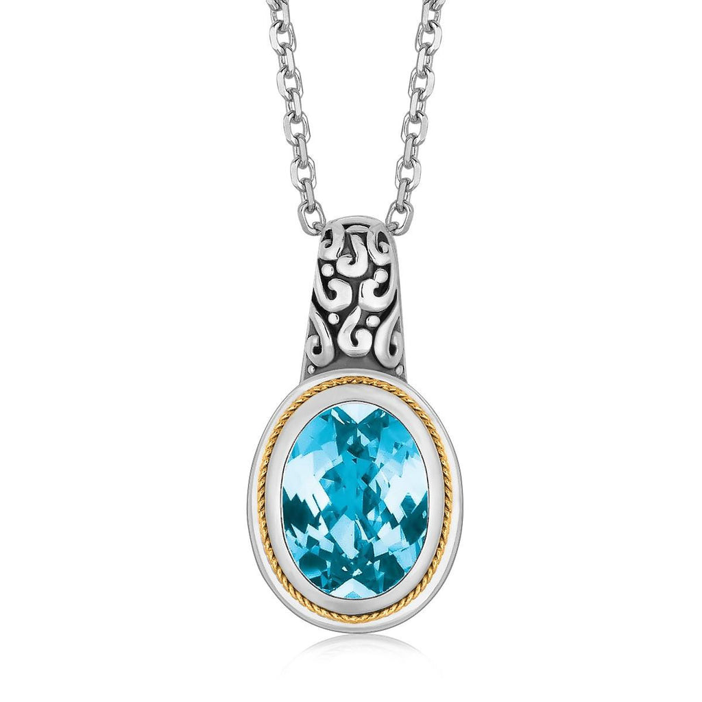 18K Yellow Gold and Sterling Silver Necklace with Blue Topaz Milgrained Pendant