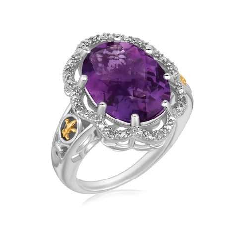 18K Yellow Gold and Sterling Silver Fleur De Lis Ring Amethyst and Diamonds