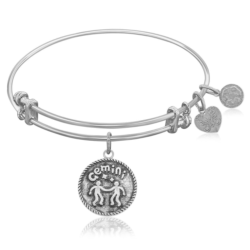 Expandable Bangle in White Tone Brass with Gemini Symbol