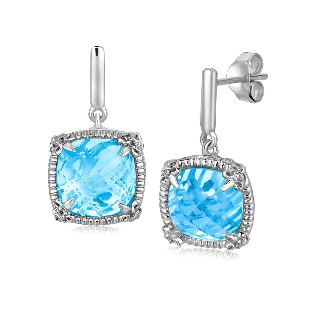 Sterling Silver Sky Blue Topaz and White Sapphires Fleur De Lis Drop Earrings